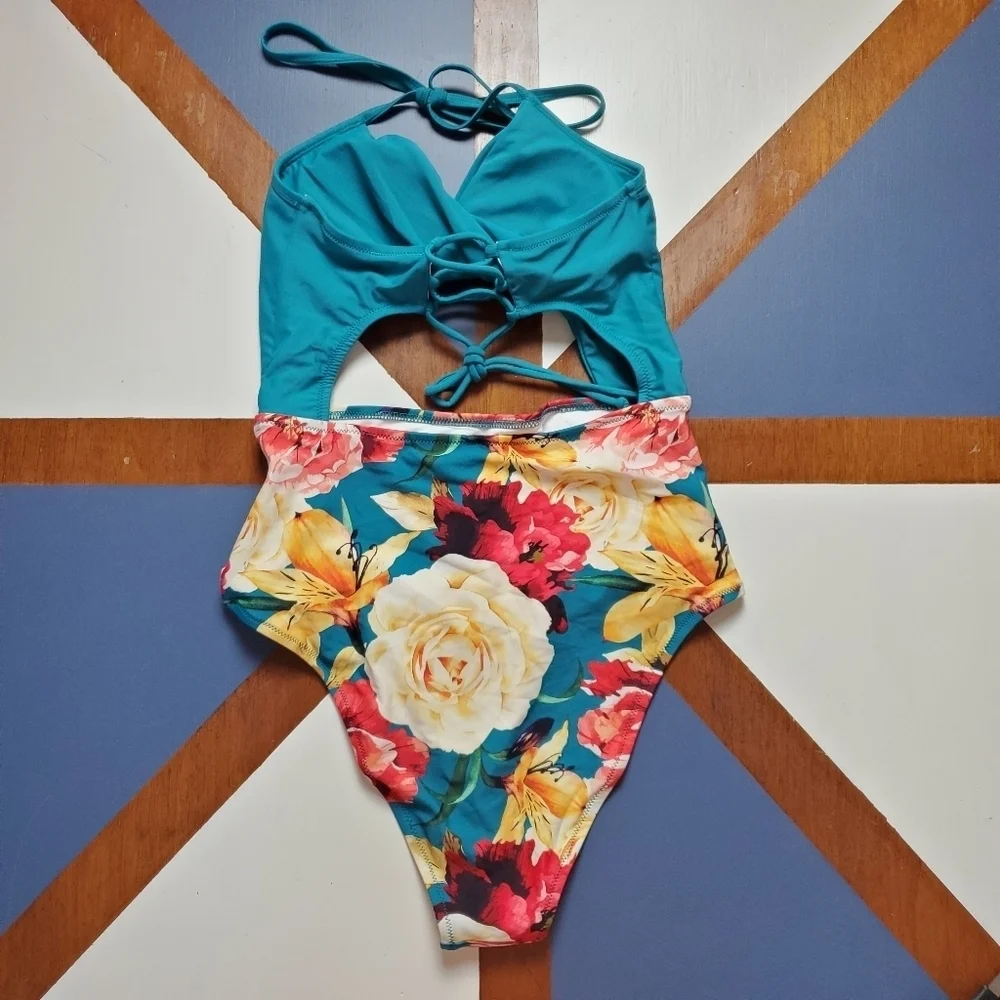 Cupshe Monokini One Piece Womens Medium Teal Floral Cutout Tie neck‎ High Waist